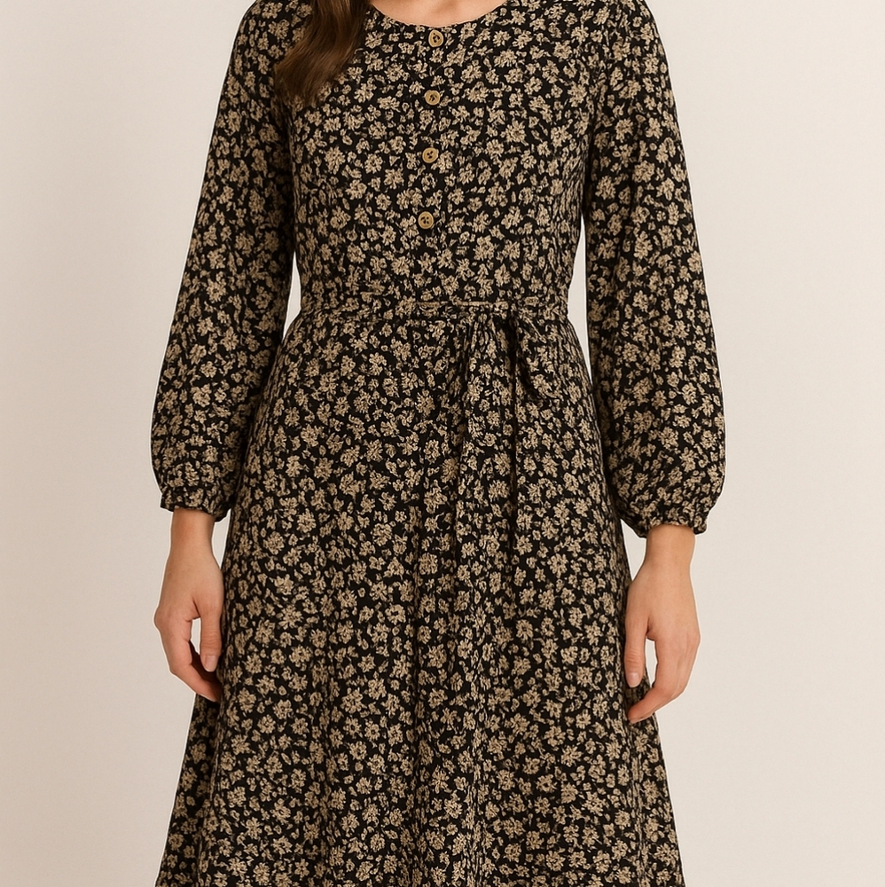 Elegant Black and Cream Floral Dress